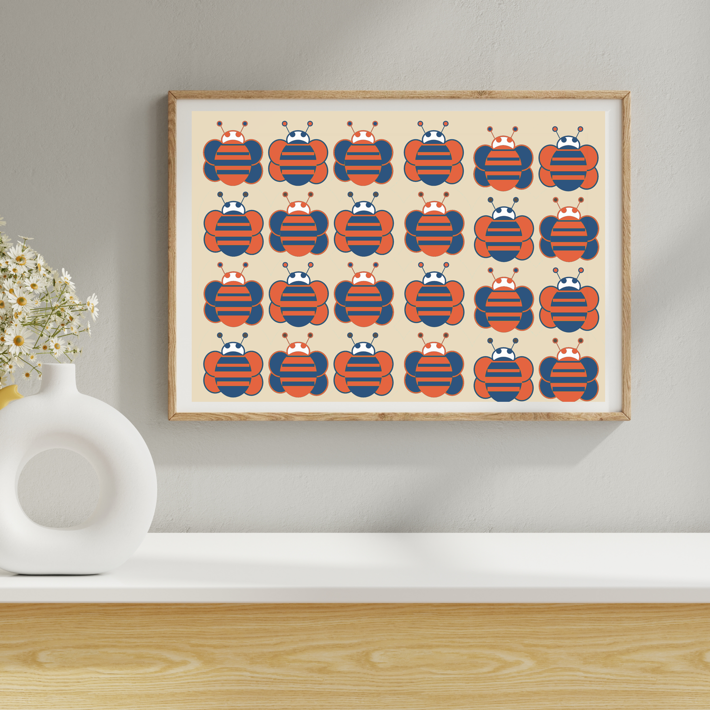 Orange and Navy Buzzing Bees Giclée Wall Art Print